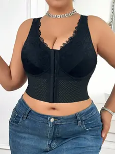 Plus Size Women's Wireless Lace Front Closure Bra, Strong Support, Comfortable Daily Wear, Medium Support, Full Coverage, Casual Style, Buckle