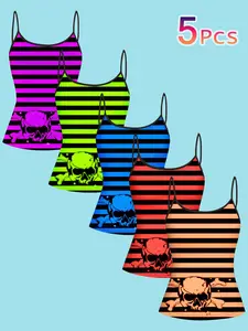 5 Pcs Skull Striped Print Strapless Tank Tops for Women, Summer New Fashion, Casual Sleeveless Inner Wear, Sleeveless Cami Tops, Fitted Sleeveless Top, European and American Style