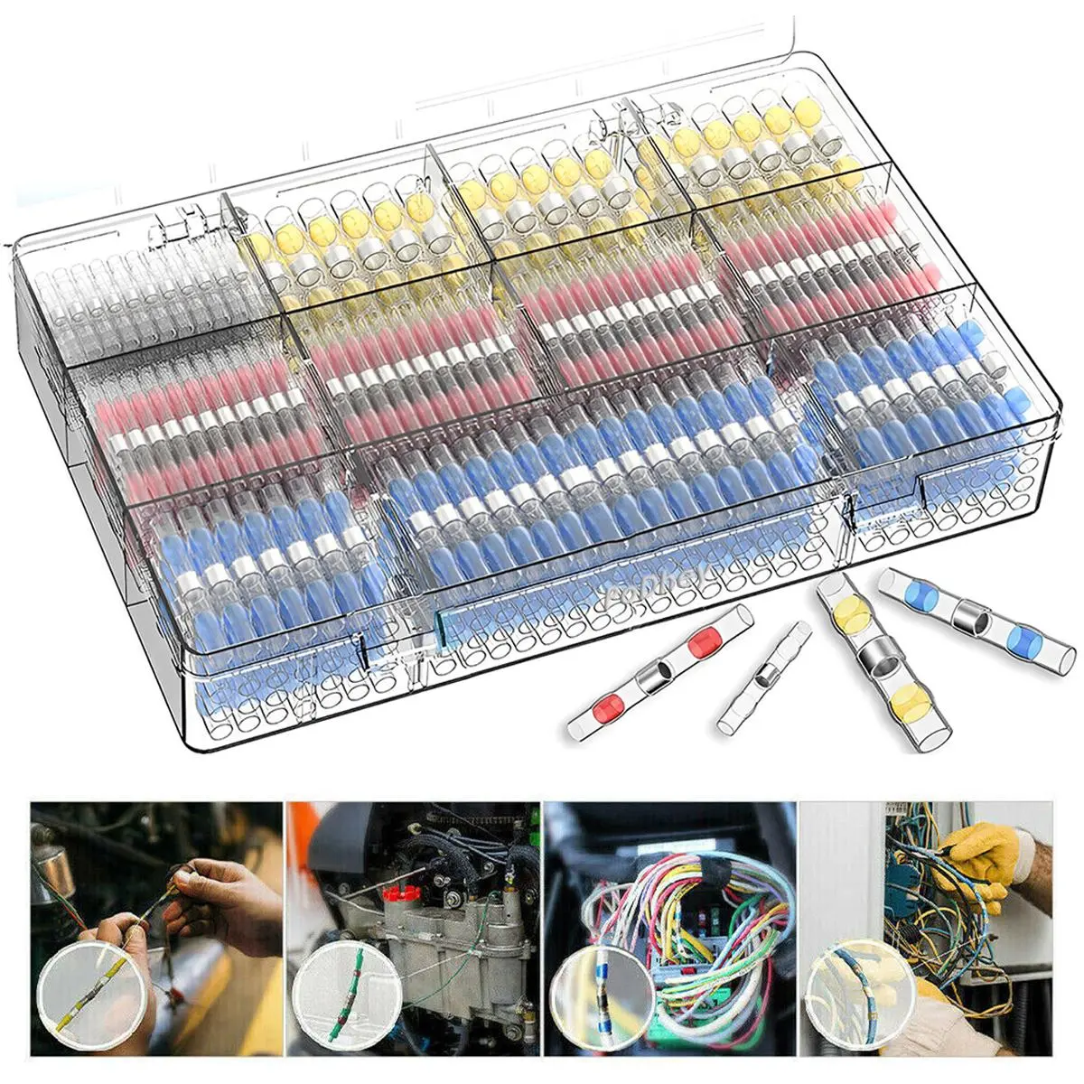 PoDhey 200 Heat Shrink Connectors (20×Yellow, 40×White, 50×Blue) – Waterproofing Solder Seal Wire Terminal Sleeves, Insulated Electrical Butt Splices for Marine, Automotive Use