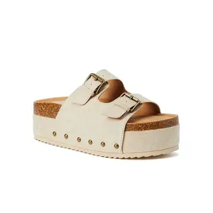 JUSTFAB Women's Cork Slide Sandals Slip On Open Toe Cute Platform  Flat Sandals For Summer Adjustable Buckle Straps for Custom Fit