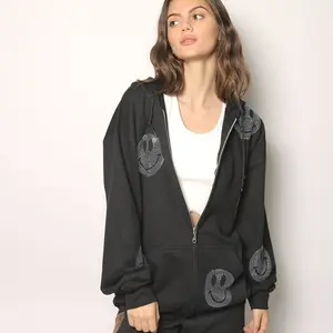 zip sweatshirt hoodie with studded smileys