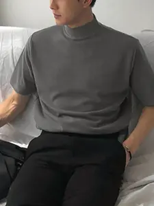 INCERUN Men T Shirt Turtleneck Solid Color Short Sleeve Summer Casual Tee Tops Streetwear Fashion Men Clothing