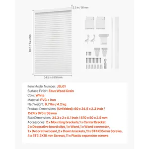 VEVOR Faux Wood Blinds, 2 Slat, 34.5 Wx 60 H, Cordless Window Blinds and Shades with Decorative Board, Easy to Clean and Simple Light Adjustment, for Room Darkening, Home Interior Windows, White