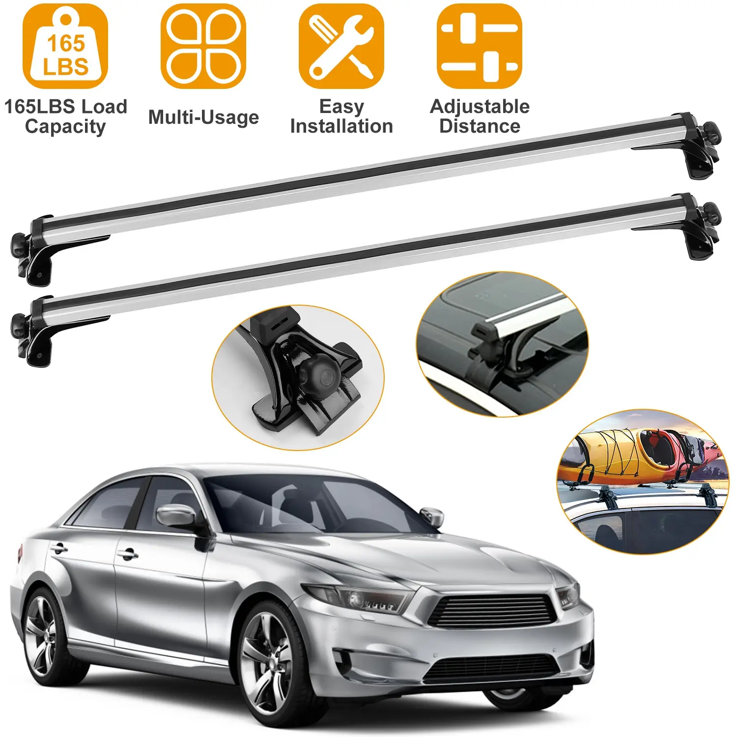 47.24in Universal Aluminum Roof Rack Cross Bars, 165LBS Capacity Cargo Carrier, Car Accessory Fit for Most Wagons & Vehicles Without Roof Side Rails