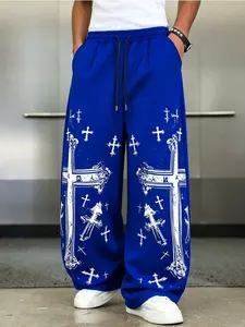 Men's Streetwear Gothic Cross Print Loose Long Pants, Geometric Pattern, Classic Street Style, Comfortable and Stylish