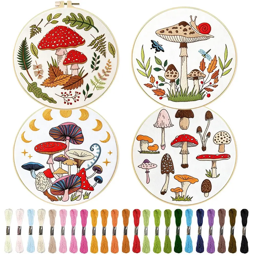 4-Piece Mushroom Jungle Themed Embroidery Kit for Beginners, Stylish Embroidery, Basic Sewing Craft Set, Random Color Tools, Embroidery Design Set, Perfect Gift for Sewing Enthusiasts