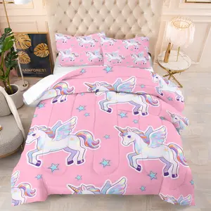 2/3 Pcs Rainbow Pegasus Unicorn Kids Bedding Set, Sweet Princess Style Microfiber Comforter, All-Season Bedding for Family Homestays, Kids Hotels, and Preschools (With Filling, No Pillow Core)