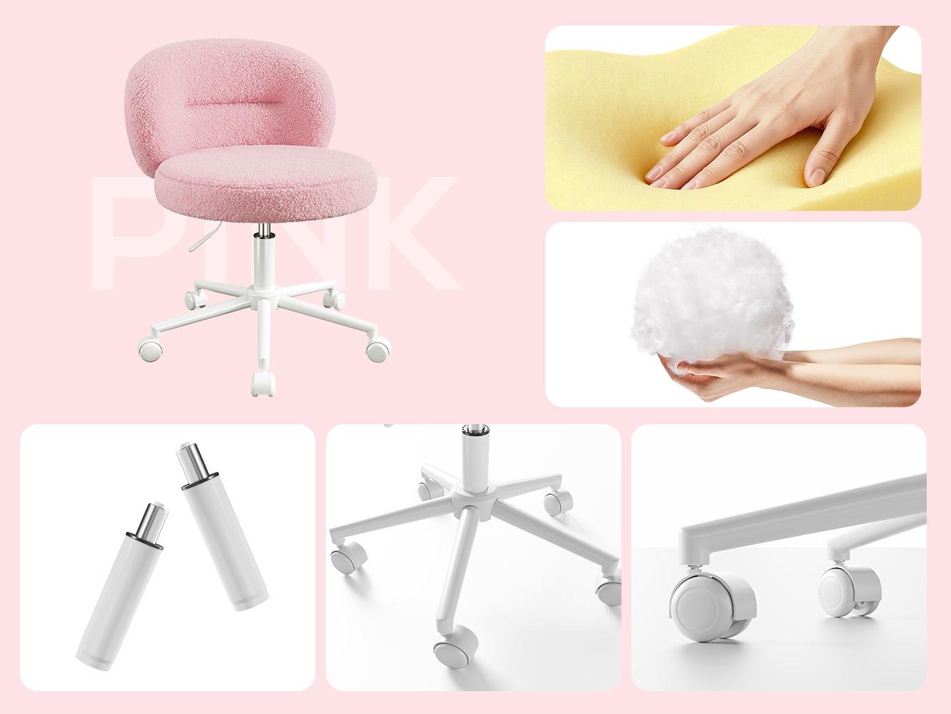 Homkdom  Small Round Vanity Chair with Wheels, Armless Home Office Desk Chairs with Back, Height Adjustable & 360° Swivel, Cute Comfy Vanity Computer Chair for Bedroom, Home Office, White