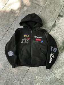 American Retro Sporty Zipper Sweatshirt, Street Trend Graphic Design, Fitted Long Casual Wear for Fall & Winter, Graphic Print Hooded Zipper Hoodie