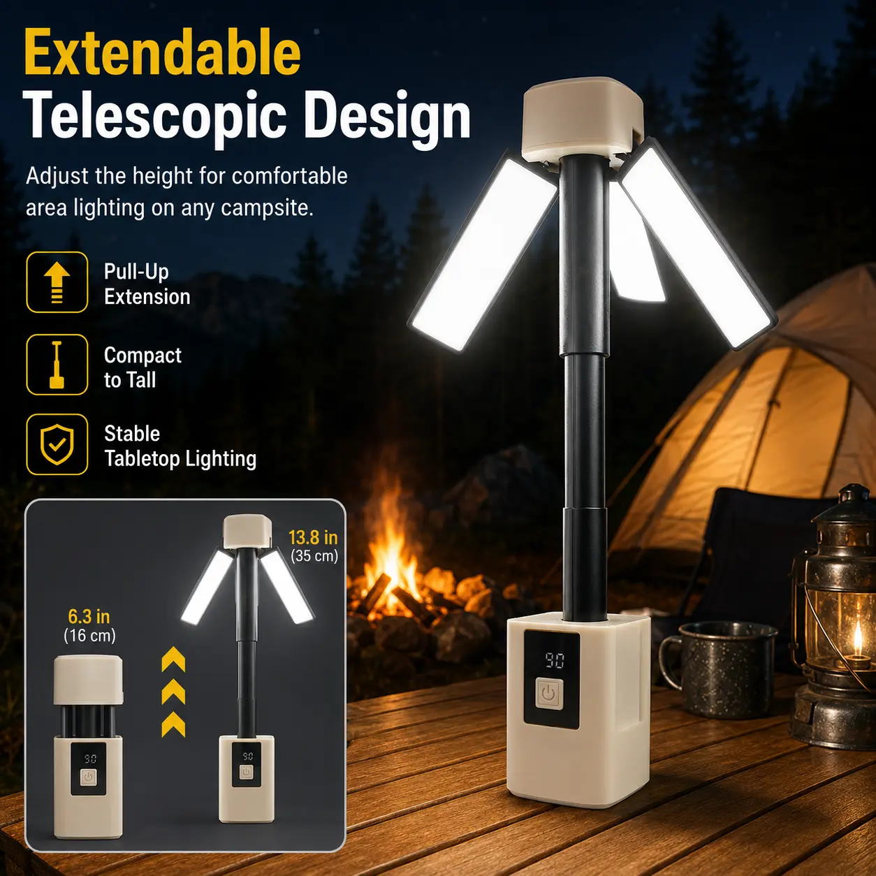 Retractable Foldable LED Camping Lantern - USB-Rechargeable, Dimmable, 360° Adjustable, Hangable Flood & Work Light, Portable for Camping, Hiking