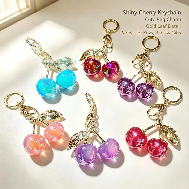 Shiny Iridescent Cherry Keychain, Gold Metal Leaf Cute Bag Charm, Aesthetic Holographic Cherry Pendant Key Ring, Trendy Y2K Handbag Accessories, Perfect Gift for Girls & Women for Bags and Keys