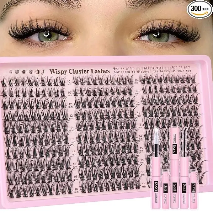 Lash Clusters Kit Wispy Eyelash Clusters Lashes Natural DIY Lash Extension Kit 10-16mm Cluster Eyelash Extensions Kit 300pcs C Curl Individual Lashes Cluster Eyelash (No Tweezers)