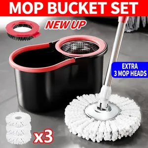 Mop And Bucket Set with 360 °   Rotatable Mop 3 Microfiber Heads 61-Inch Adjustable Handle Efficient Cleaning Supplies