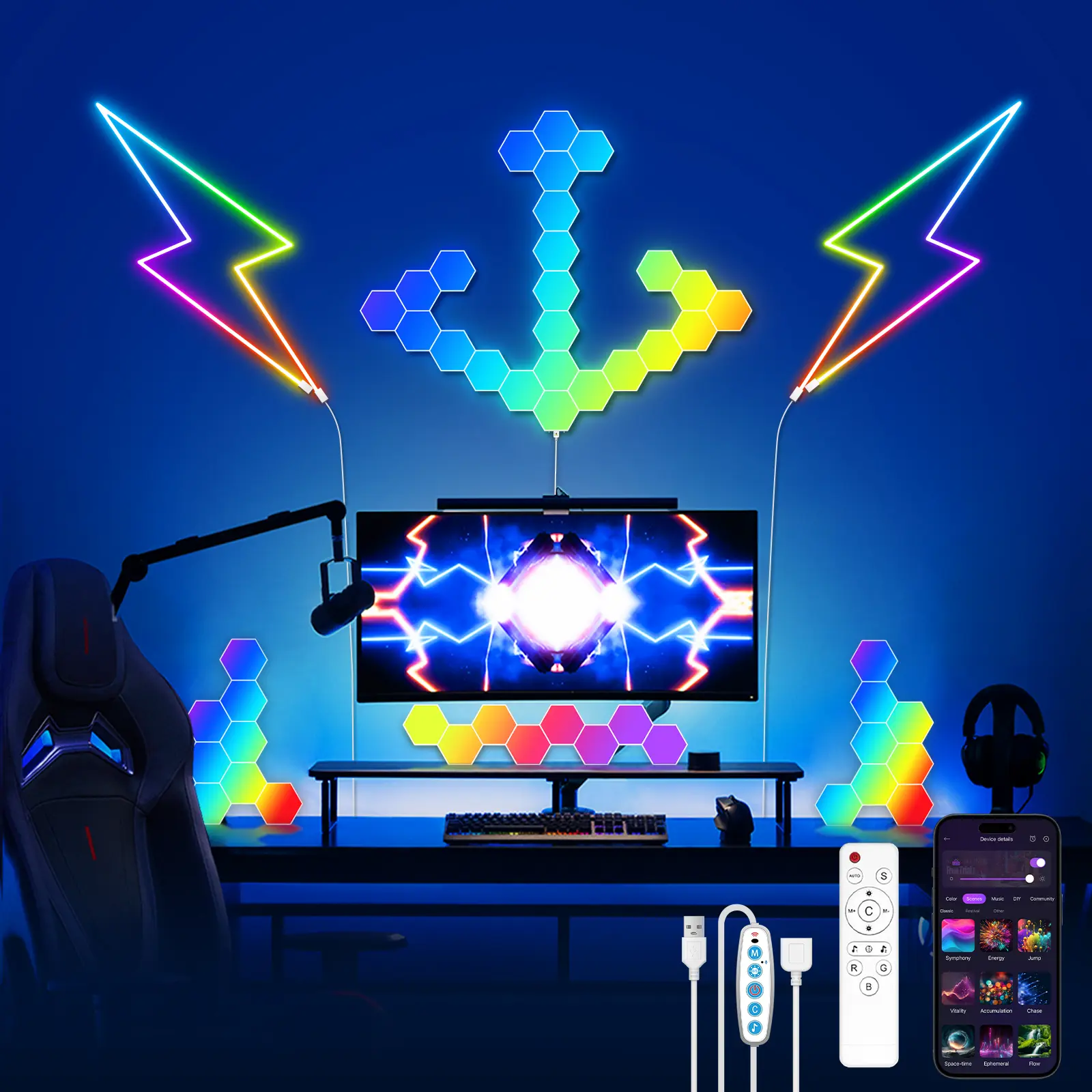 Smart Hexagonal Wall Lamp - 5V 2M Silicone Neon Rope Light, Energy Efficient RGB Color Changing Chasing LEDs, USB Powered, Music Sync, Smart APP & Remote Control, Silicone ABS Festive Decor for Bedroom, Game Room