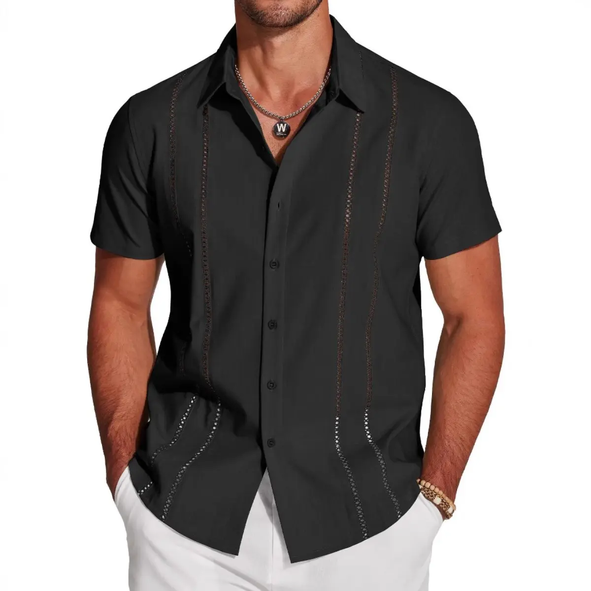Mens Cuban Guayabera Short Sleeve Shirt Casual Summer Beach Tops Button Down Untucked Shirts