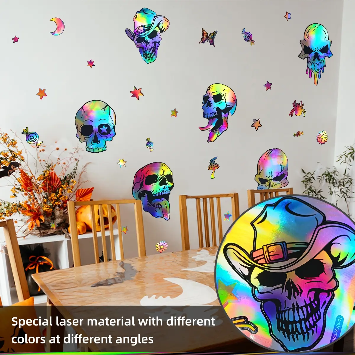 Set of 6 Halloween Laser Element Skull Wall Stickers, Multi-Scene Decorative Decals for Living Room and Bedroom, Festive Halloween Wall Decor