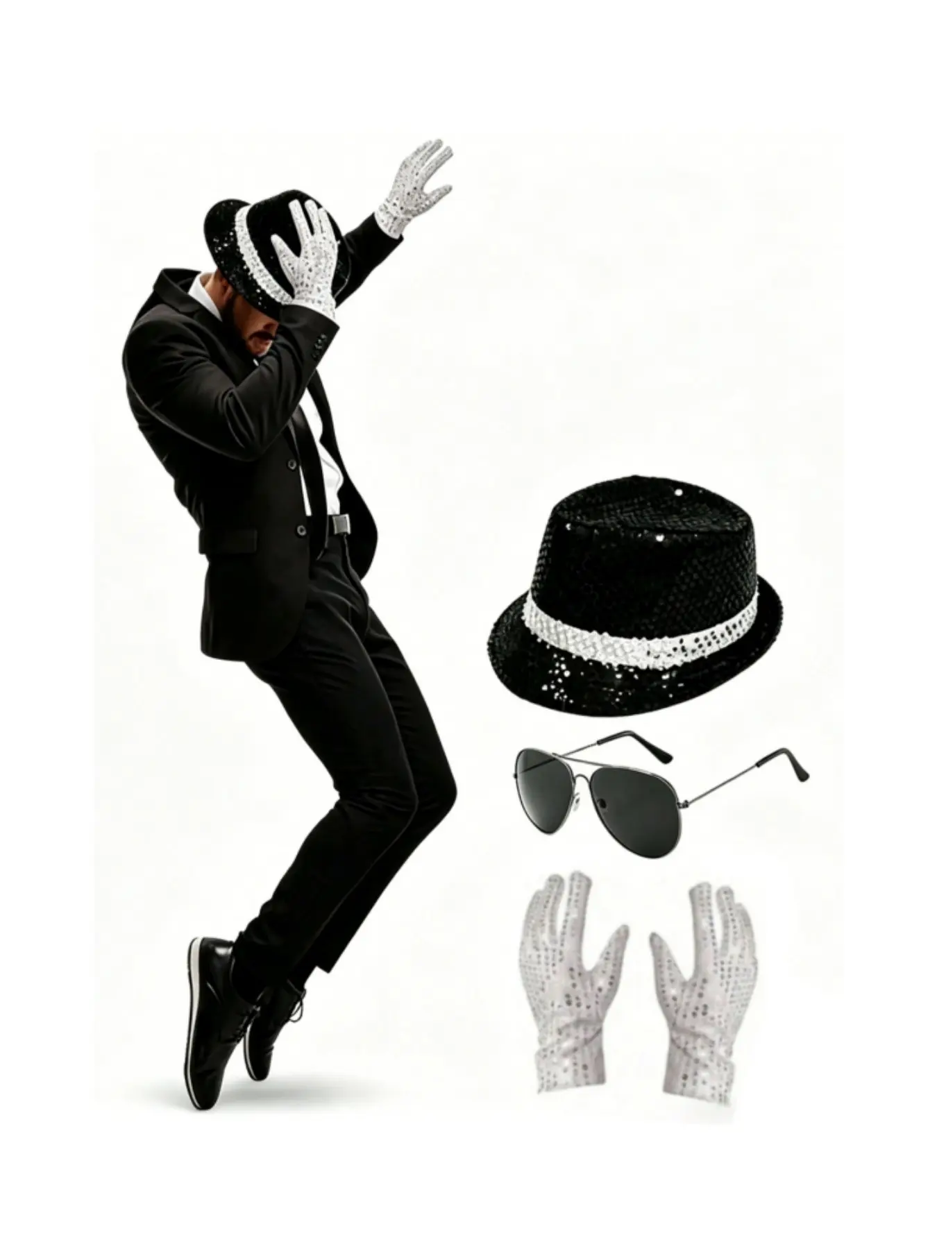 1pc Party Costume Set, Disco Stage Performance, Concert, Club, Clubbing, Cosplay, Music Festivals, Glitter Hat, Glasses, Gloves, Earphone, Microphone, Tie, Music King, Festival Accessories