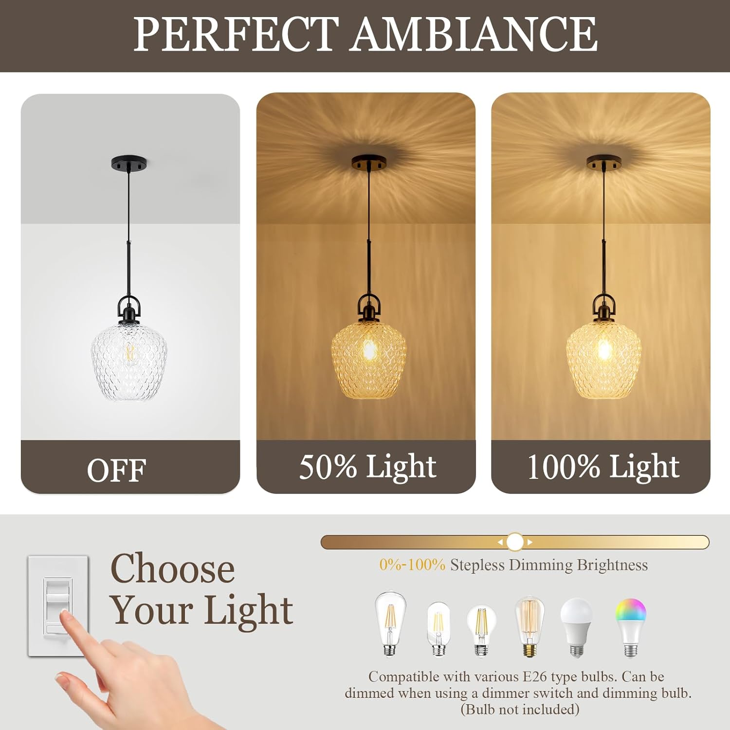 Large Glass Pendant Lights Kitchen Island, 10" 1-Light Black Fixtures with Hammered Glass Modern Hanging Light for Kitchen Island Dining Room Entryway Foyer