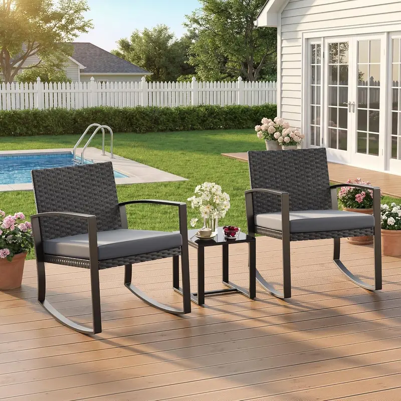 GIZOON 3 Pieces Patio Furniture Set Rocking Bistro Set Outdoor Rattan Conversation with Coffee Table for Garden Balcony Backyard Poolside (Grey Cushion) GIZOON 3 Pieces Patio Furniture Set Rocking Bistro Set Outdoor Rattan Conversation with Coffee Table for Garden Balcony Backyard Poolside (Grey Cushion)