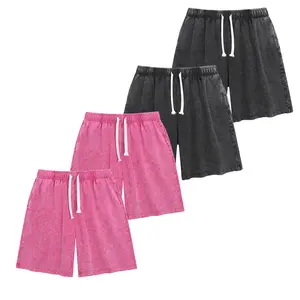 4-Pack Washed Denim Shorts, Grey & Black Elastic Drawstring Waist Baggy Wide-Leg Jean Shorts, Retro 90s Streetwear Casual Shorts Set