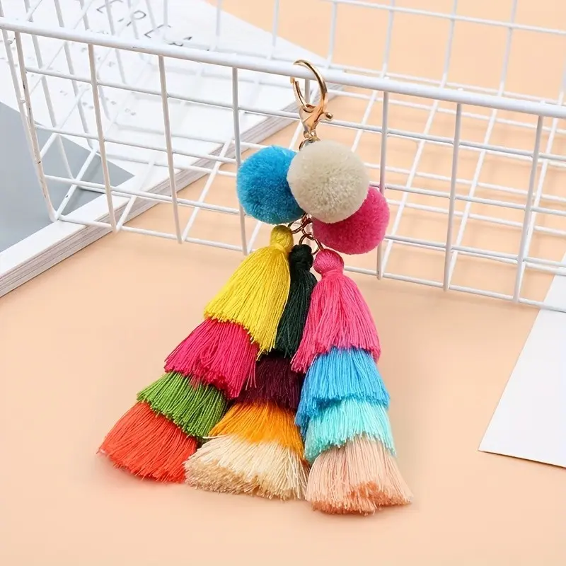 Bohemian Fringe Fuzzy Keychain Set, Multicolor Layered Pom-Pom Bag Charm, Aesthetic Accessory for Tote Bags, Fashionable Keyring Decor, Key Accessories