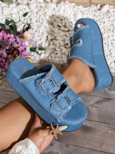 Women's Summer Thick Sole Sandals, Vintage Style Denim Design, New Arrival 2026 Collection, Comfortable & Stylish Footwear