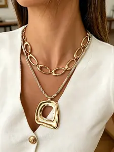 Bold Double-Layer Square Chunky Necklace Set, Versatile Boho Retro Collarbone Chain, French Punk Sweet Cool Jewelry for Women
