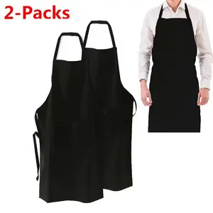 2 Pack Adjustable Bib Apron with 2 Pockets Black Aprons Bulk for Server Adult Women Kitchen Apron Water Oil Resistant (Black)