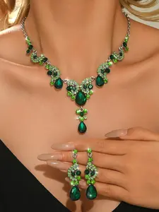 Luxurious Sapphire Teardrop Crystal Earrings Necklace Set, Elegant Jewelry for Women, Perfect for Parties Weddings Festivals