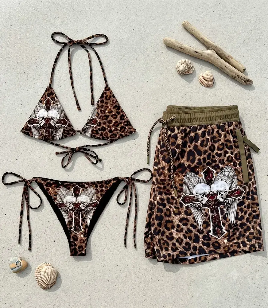 Bold Leopard Print Matching Couple Swimsuit Set, Angel Skull Graphic Bikini & Men's Beach Shorts, Y2K Summer Vacation Swimwear, Tropical Resort & Pool Party Outfit