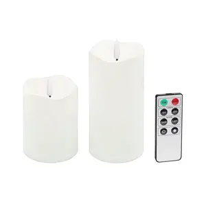 2-pack,Outdoor IP44 waterproof flameless candles, realistic twinkling LED cylindrical plastic candles, 2400+ hrs runtime, includes remote control, timer, Powered by 2 C batteries, for patio gardens and home décor (white, Φ 3" H 4" 6")
