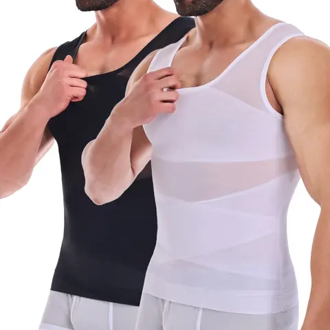 Men's Plain Nylon Blend Body Shaper Vest - Stretchy, Flexible Compression Tank Top, High-Stretch Supportive Mesh Panel, Lightweight Breathable Sleeveless Activewear Underwear for Fitness Enthusiasts' Gym Workouts