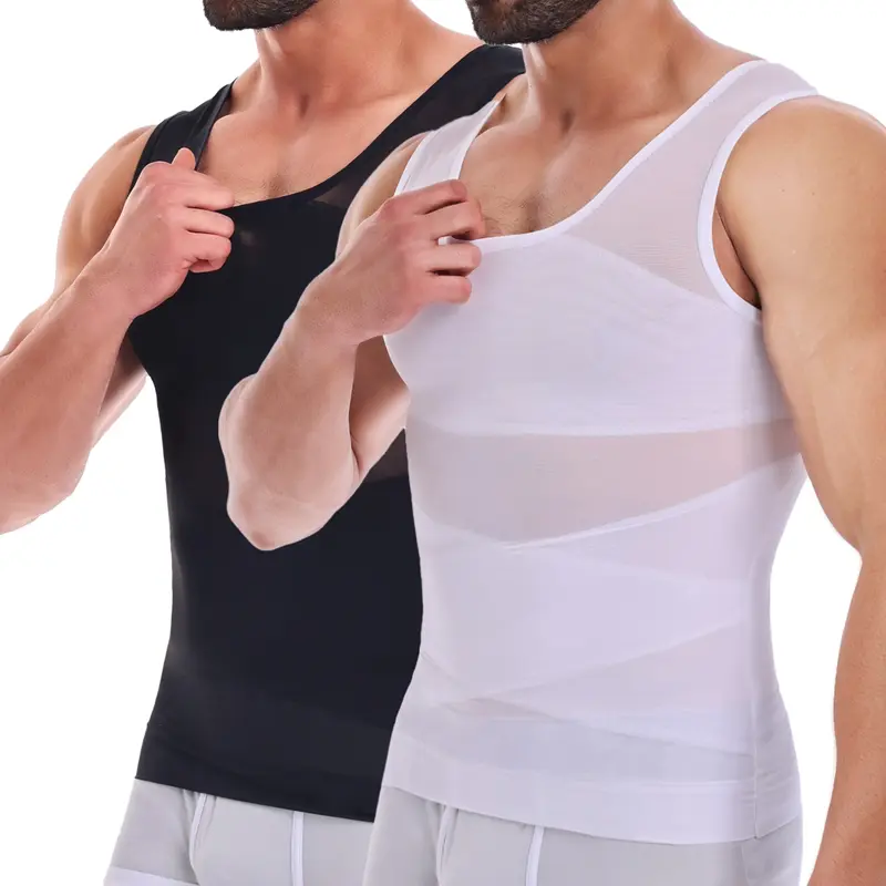 Men's Plain Nylon Blend Body Shaper Vest - Stretchy, Flexible Compression Tank Top, High-Stretch Supportive Mesh Panel, Lightweight Breathable Sleeveless Activewear Underwear for Fitness Enthusiasts' Gym Workouts