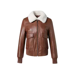 Radiance Brown Leather Bomber Jacket - 100% Real Leather with Shirt Fur Collar