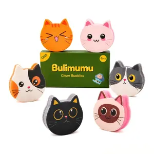 Bulimumu 3-Layer Multi-Material Cleaning Sponge Wipe 6PC Set - Cute Cat Magic Dish Scrubber Value Pack, Gift Boxed for Kitchen Pots, Pans, Counters (Cat Series)