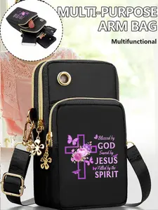 Cross Jesus Print Outdoor Sports Handbag, Multifunction Messenger Bag, Earphone Port Wallet, Bible Case, Phone Bag, Arm Bag, Ideal Gift for Friends and Family