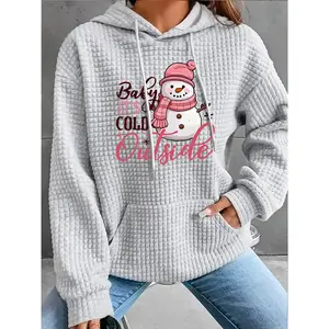 Women’s fashionable hooded sweatshirt with snowman print, long sleeves and pocket design, autumn and winter casual top GARMENTARY