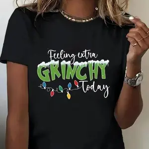 Women's Plus Size 100% Cotton Printed Short Sleeve T-Shirt - Dr. Seuss Inspired Christmas "Feeling Grinchy Today" & Heart Print, Round Neck, Medium Stretch, Light Fitted Relaxed Top, Casual Attire, Golf Gift, COD, Shortsleeve Tshirt
