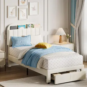 Garvee Twin Bed Frame with Drawer, Velvet Upholstered Platform Bed Frame with Storage Headboard, No Box Spring Needed, Easy Assembly, Noise-Free, Ivory White