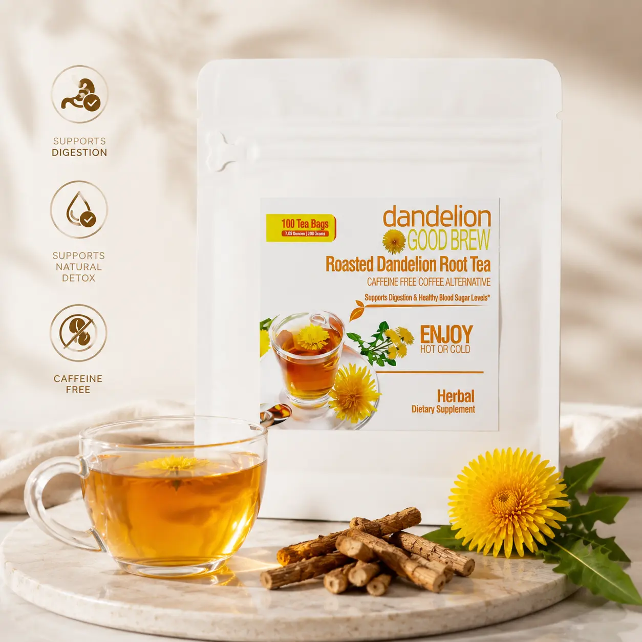 Natural Roasted Dandelion Root Herbal Detox Tea 100 Bags, Sugar-Free, Caffeine Free, Coffee Substitute, Liver & Kidney Support, Bloating Relief, Digestive Wellness, Adult Office Essential