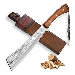 Freelander  Big Fruit knife Japanese Style High Carbon Steel with Red Sandalwood Ergonomic Full Tang Handle and Wood-Leather Sheath — Heavy-Duty Tool for Camping, Gardening,Outdoor,Hiking, and Yard Work Gift idea for Man,Holiday,Chrismas