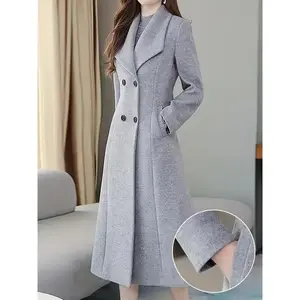 Double Breasted Lapel Longline Jacket,Elegant Long Sleeve Pockets Simple Slim Overcoat For Fall & Winter, Women's Clothing Chic Womenswear Polyester Can be used with raincoat