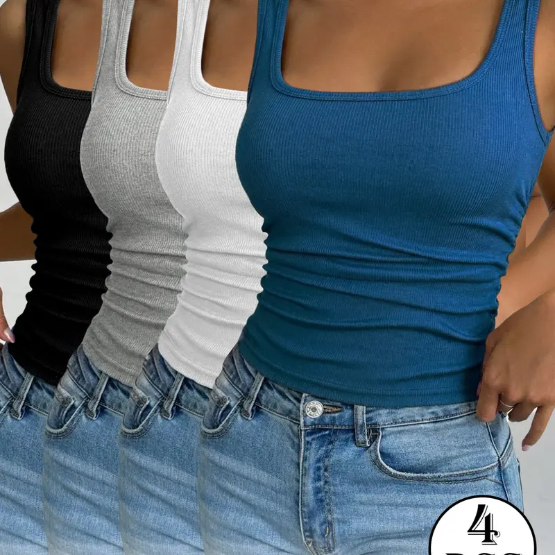 4-Pack Versatile Ribbed Knit Slim-Fit Camisoles – perfect for both casual and polished everyday looks. Skin-friendly, breathable, and highly stretchy without digging in; a basic cropped tank top available in 4 colors for summer and autumn!