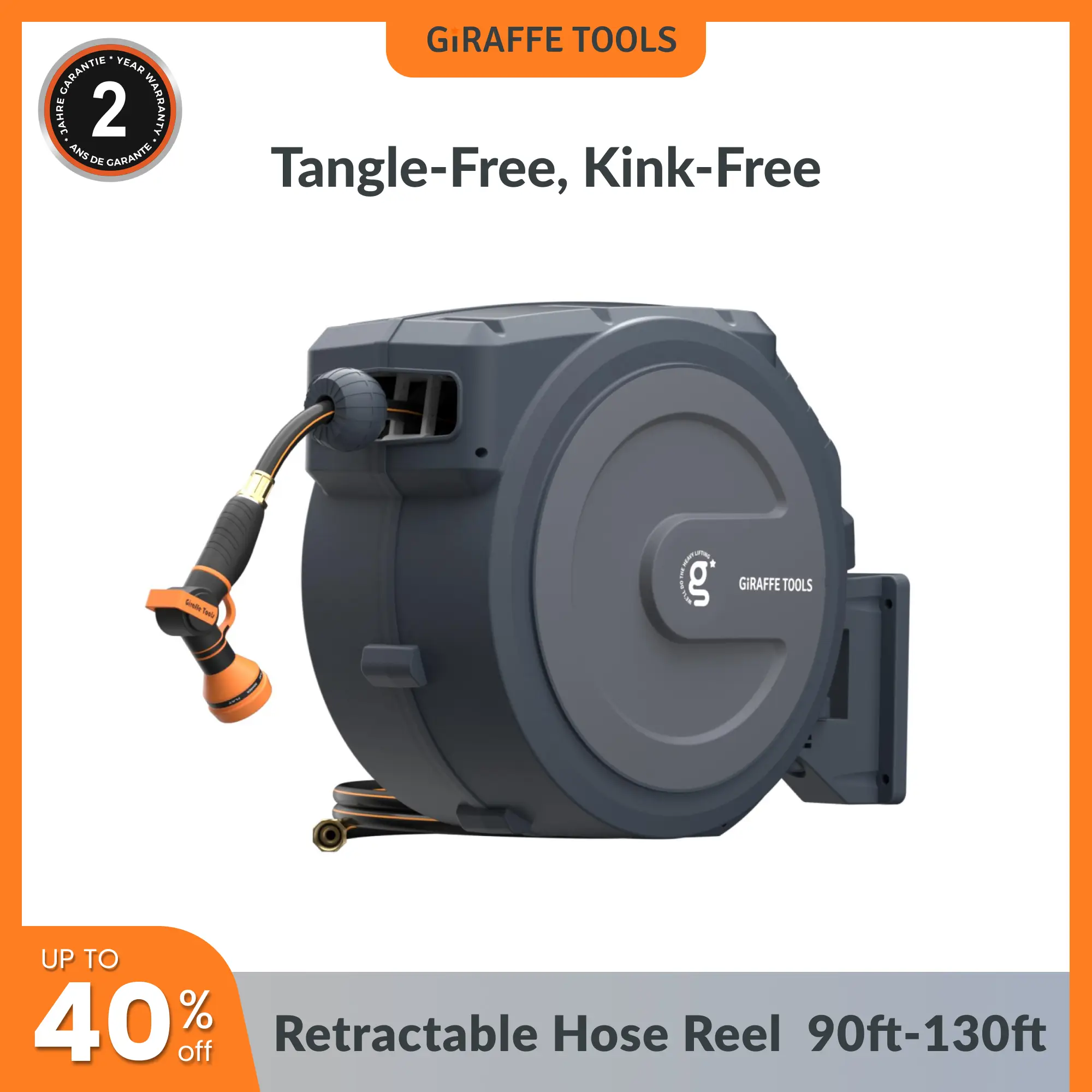 Giraffe Tools Garden Retractable Hose Reel AW Series DS Trigger Mechanism Kink-Proof G-Self-Layering System 100ft Hose Easy Grip Handle Watering Syste