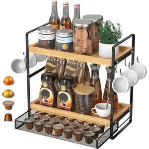 Coffee Station Organizer with Pod Holder and Drawer, Kitchen Countertop Organizer, Coffee Bar Accessories Station with Coffee Pod Storage, 2-Tier  Coffee Organizer With 6 Hooks