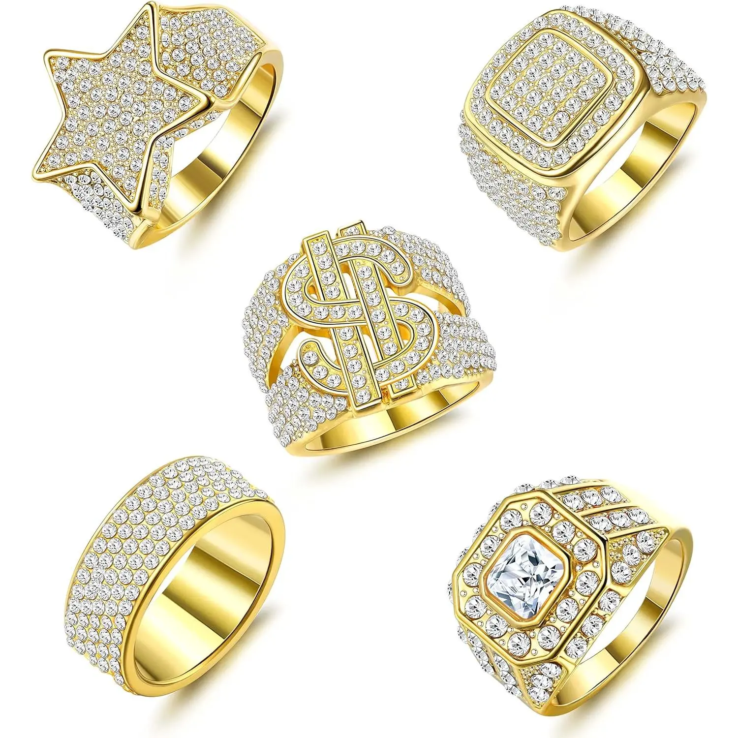 5pcs 18K Gold Plated Bling Pinky Ring Simulated Diamond Iced Out CZ Punky Rappers Star Dollar Sign Hip Hop Ring for Men