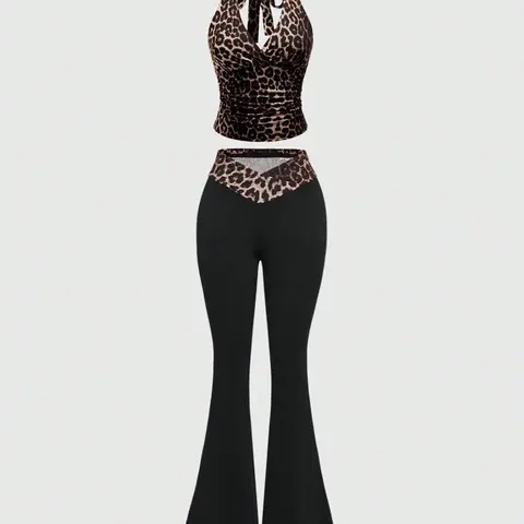 Two-piece Set Women's Leopard Print Halter Top & Flare Leg Pants, Casual Top for Daily Outdoor Wear, Ladies Summer Clothes, Casual Loungewear Set, Two Pieces Sets