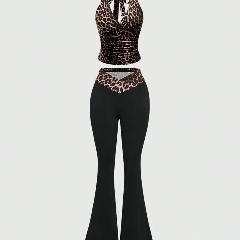 Two-piece Set Women's Leopard Print Halter Top & Flare Leg Pants, Casual Top for Daily Outdoor Wear, Ladies Summer Clothes, Casual Loungewear Set, Two Pieces Sets