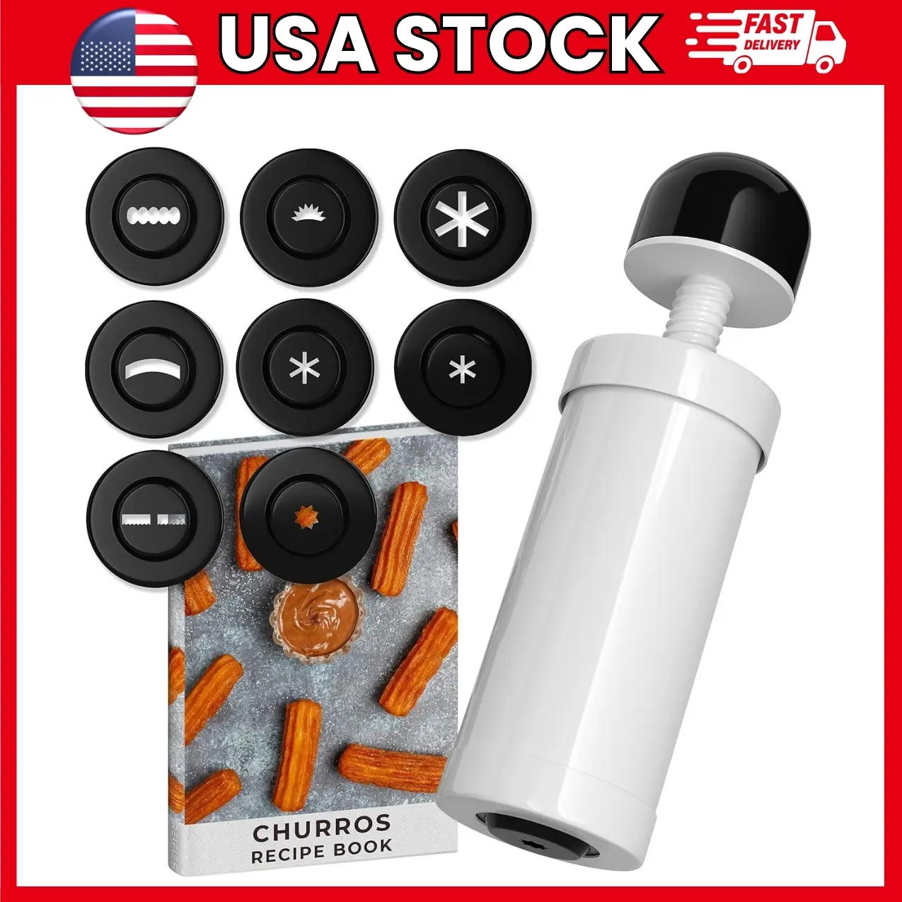 Churro Maker Machine with 8 Interchangeable Discs, Manual Churro Press and Cookie Maker with Piping Tip, ABS Dough Extruder for Homemade Churros and Cookies | manual churro maker, cookie press, dough press, churro dispenser, pastry maker