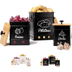 Potato Onion Garlic Storage Set of 3 Ventilated Iron Canisters with Bamboo Lids Potato and Onion Storage Bin for Pantry Kitchen Vegetable Storage Containers Cute Metal Vegetable Bin Set of 3